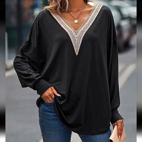 Lace V-Neck Black Casual Top. - Picture 5 of 5